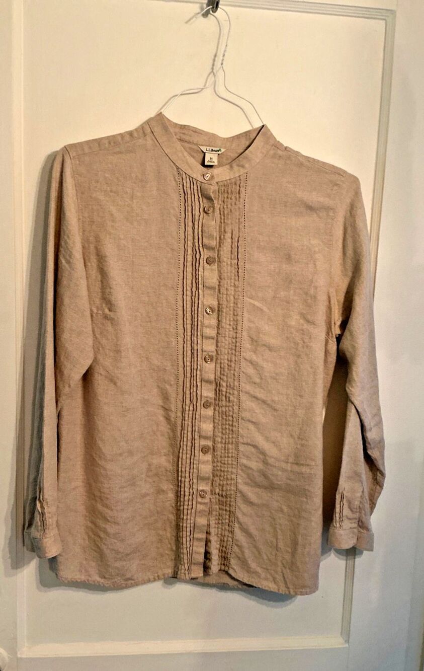 L.L. Bean 100% Linen Tunic Shirt Sz M Petite Tan Coastal Preppy MWahable